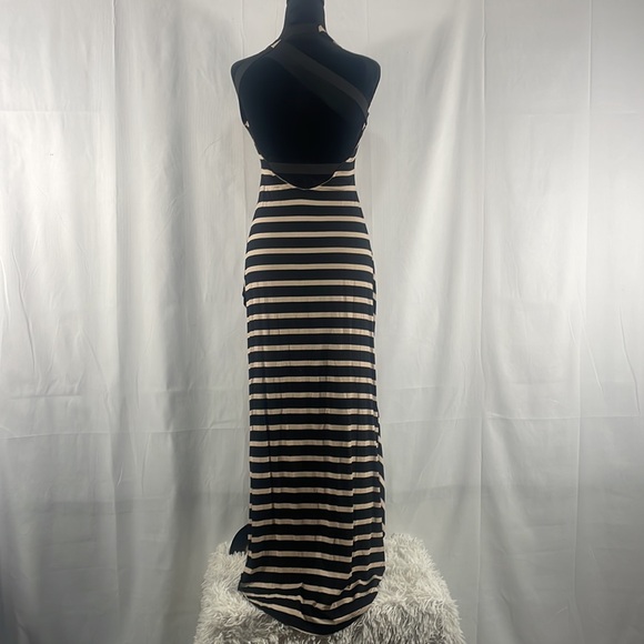Stripe Black,Cream, MIdi dress, open back, V slit up front, Small - Picture 2 of 9